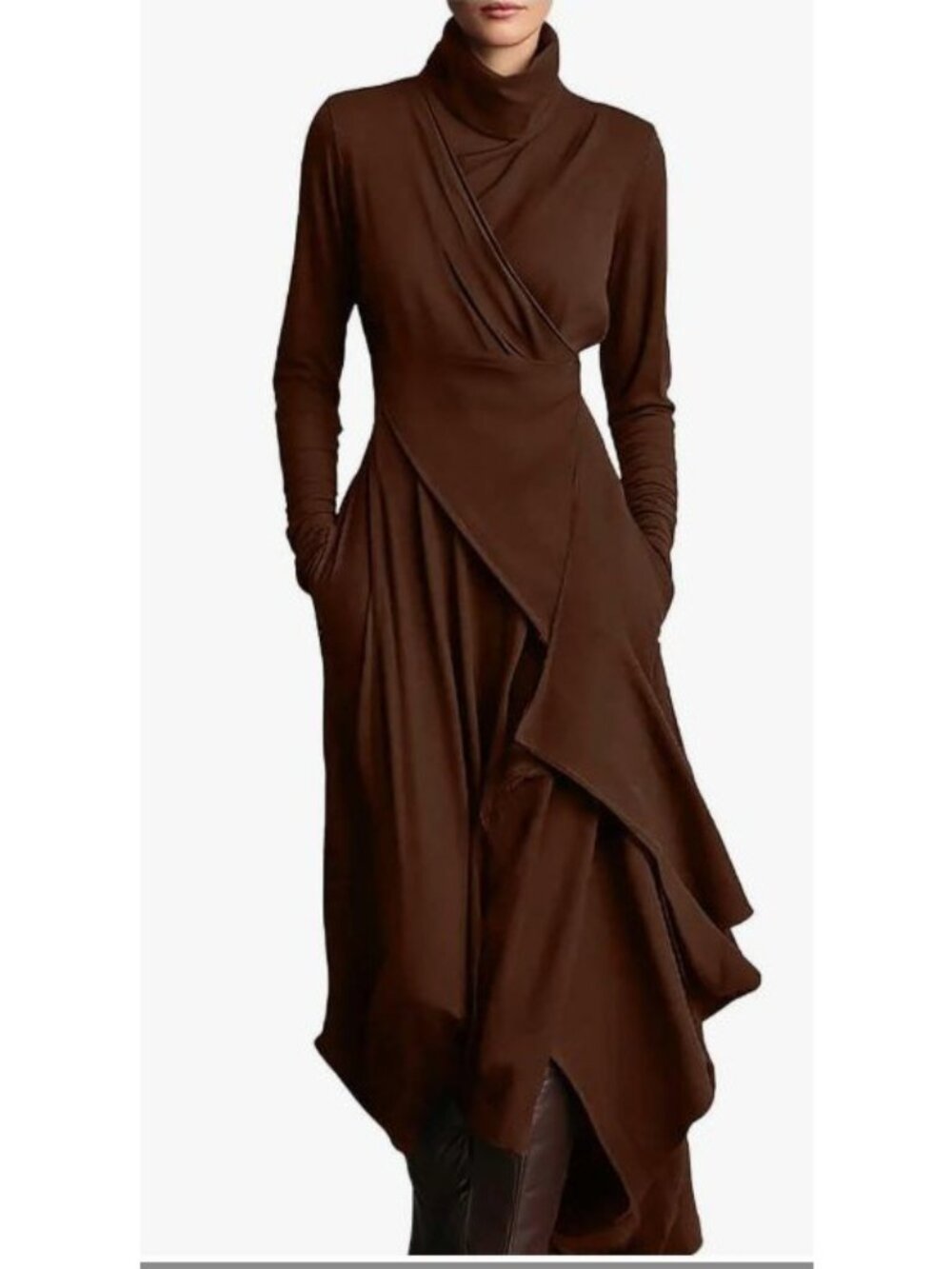Women’s NWOT Rust Midi Knit Dress Draped Asymmetrical Cowl Neck Long Sleeve Boho